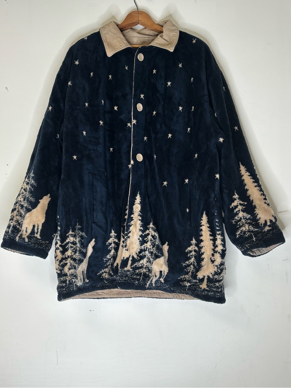 Vintage Denali Reversible Wolf Forest Fleece Blanket Coat Jacket Women’s L
